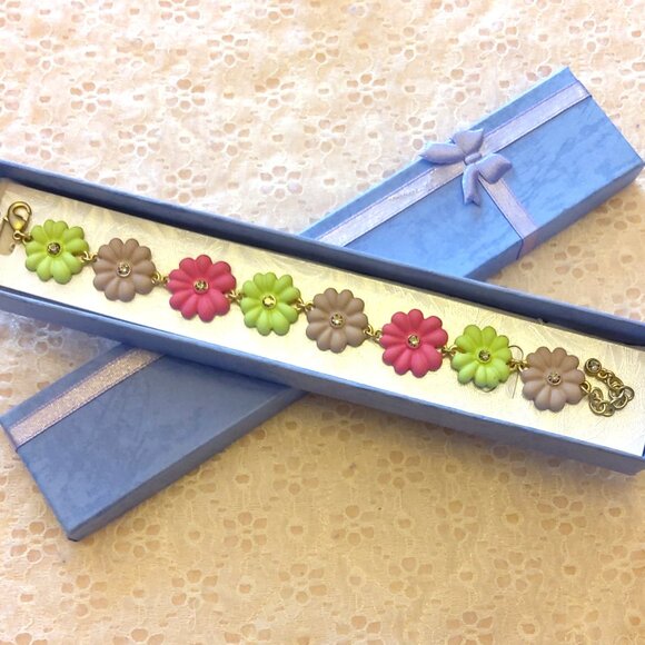 Vintage New Green Pink Gray Art Deco Multi Floral Charms Silver Bangle Bracelet - Picture 3 of 6